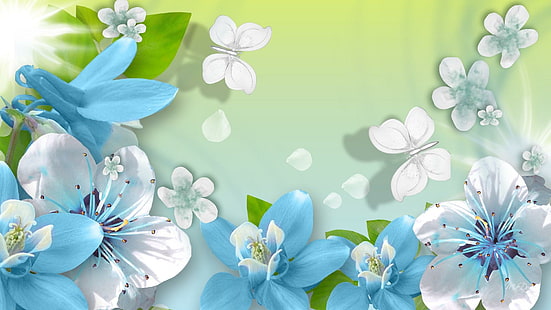 Summer Romance, blue and white flowers illustration, firefox persona, butterfly, green, white, flowers, scatter, blue, flower petals, summer, 3d and abstrac, HD wallpaper HD wallpaper