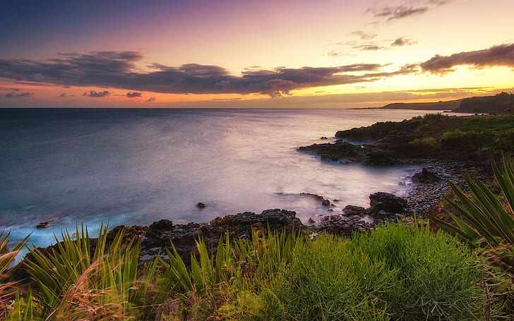 Hawaje, zachód słońca, ocean, sceneria wybrzeża przyrody, Hawaje, zachód słońca, ocean, przyroda, wybrzeże, krajobrazy, Tapety HD
