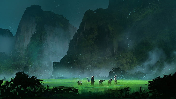 lukisan pohon hijau dan coklat, seni fantasi, lanskap, karya seni, Asia, pegunungan, Wallpaper HD