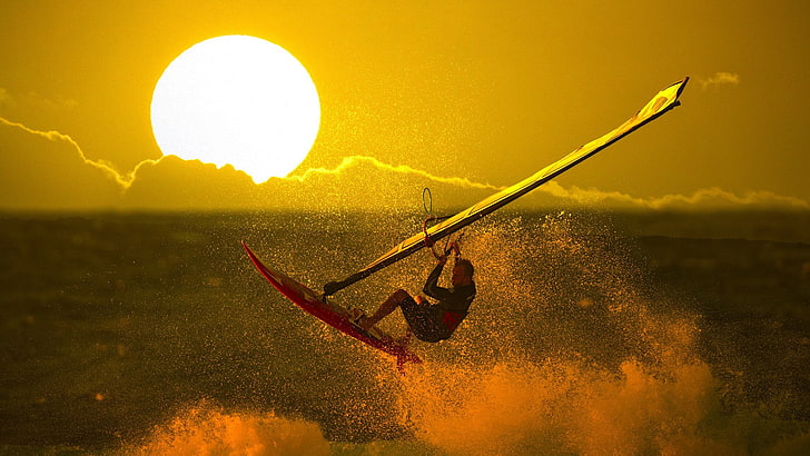 beautiful, guy, sea, sports, sun, windsurfing, HD wallpaper