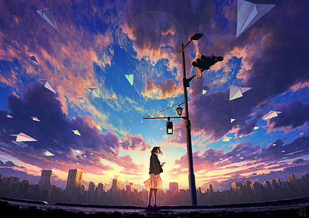 chicas anime, cielo, ciudad, semáforos, anime, aviones de papel, luz solar, paisaje urbano, azul, urbano, Fondo de pantalla HD HD wallpaper