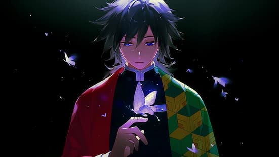 Kimetsu no Yaiba, Demon Slayer: Kimetsu no Yaiba, Giyu Tomioka (Kimetsu no Yaiba), Schmetterling, blaue Augen, Anime, Anime Boys, HD-Hintergrundbild HD wallpaper