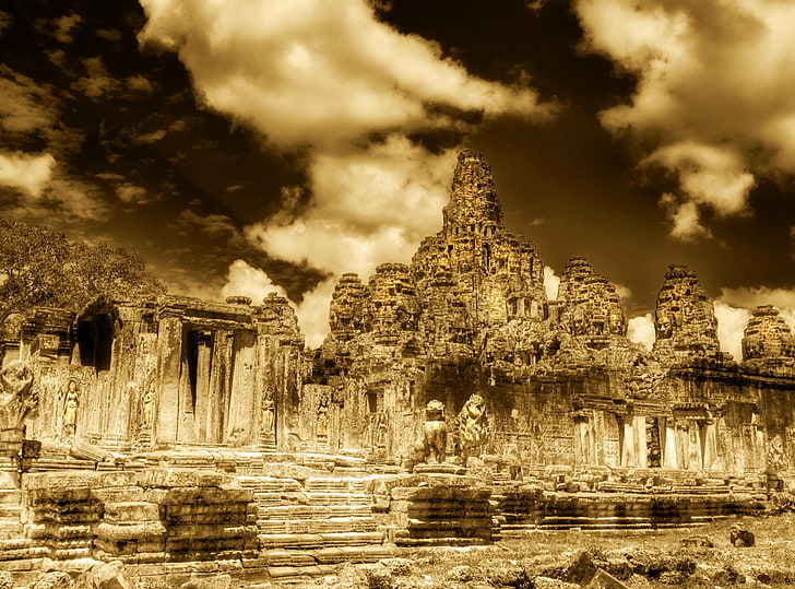 Menara Angkor Thom, Kamboja, struktur beton, Vintage, Kota, Sepia, Menara, Kuil, kuno, Kamboja, Angkor Thom, Wallpaper HD