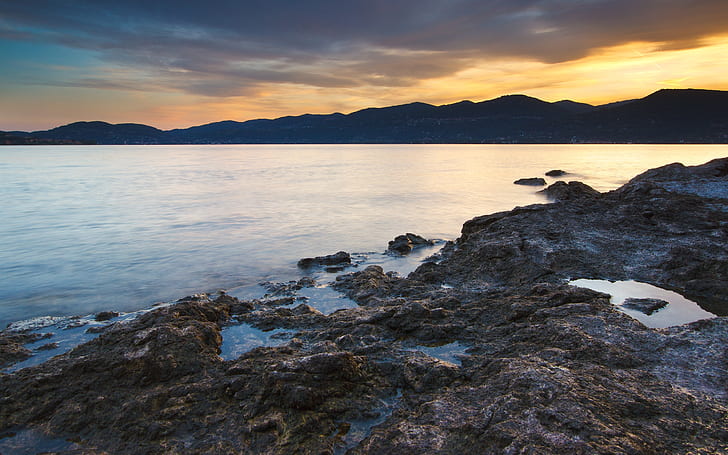 Dream Theater, sunset, water, lake, sky, seascape, nature, rocks, HD wallpaper