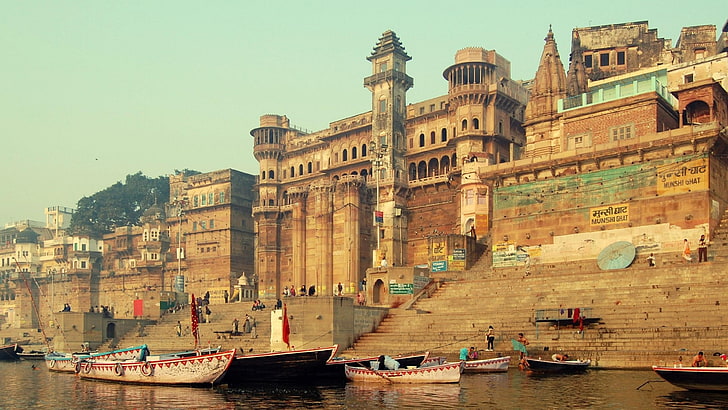 india, waterway, varanasi, ganges, asia, ganges river, historic site, building, river, history, HD wallpaper