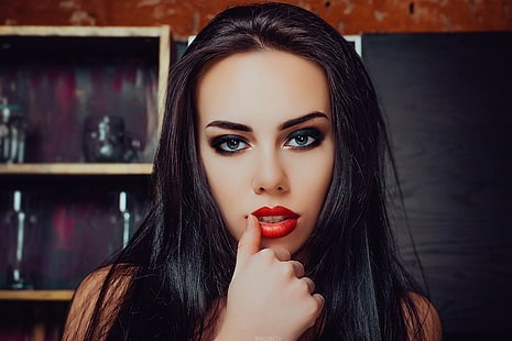wanita, wajah, potret, jari di bibir, lipstik merah, Wallpaper HD HD wallpaper