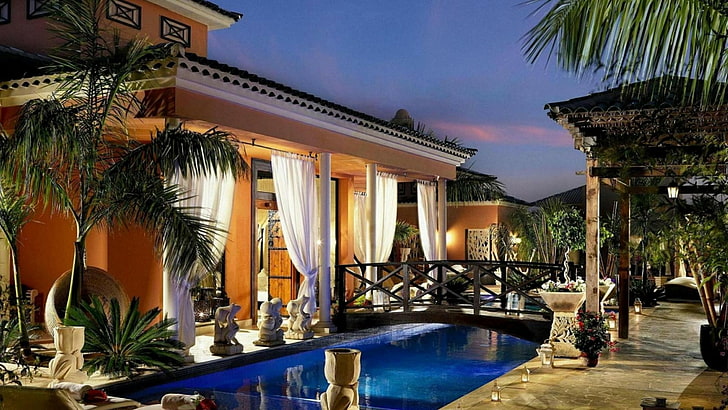 house, resort, home, villa, swimming pool, palm tree, hotel, hacienda, leisure, vacation, mansion, apartment, spain, tenerife, HD wallpaper