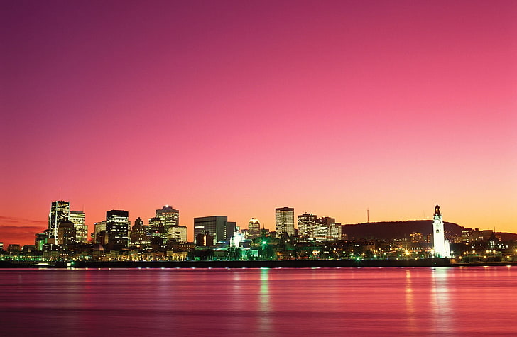 edifício cinza arranha-céus, Montreal, rosa, pôr do sol, cidade, paisagem urbana, luzes da cidade, HD papel de parede