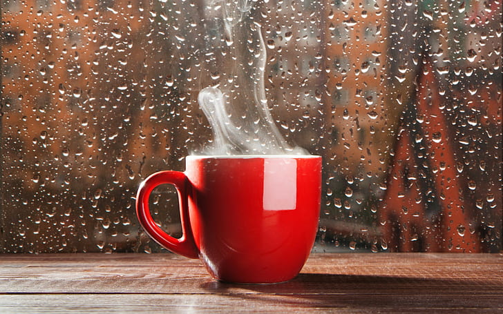 Vaso de café, taza de cerámica roja, vidrio, gotas, lluvia, taza, humo, Fondo de pantalla HD