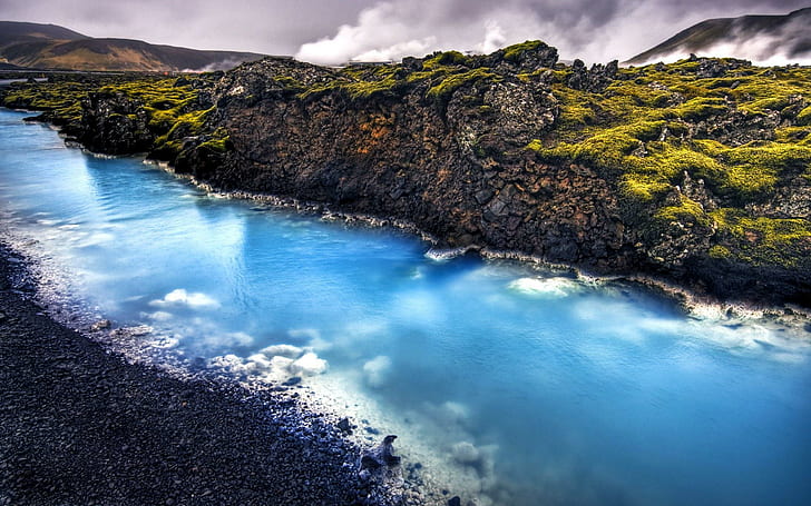 Голубой поток, гора, отражение, ручей, река, синий, скалы, 3d и аннотация, HD обои
