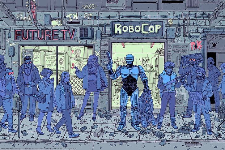 RoboCop, robocop 2, Retrowave, ciencia ficción retro, estilo retro, bocetos, fotos coloreadas, dibujo, fan art, ciencia ficción, Josan Gonzalez, azul, Fondo de pantalla HD