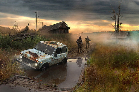 войнишки зелен костюм, хора, блато, село, войници, Чернобил, сталкер, район, Нива, HD тапет HD wallpaper