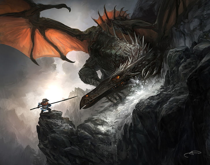 gray dragon RPG wallpaper, rocks, dragon, monster, art, battle, HD wallpaper