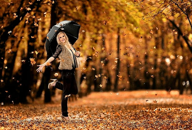 autumn, beauty, girl, hair, lady, leaves, orange, park, HD wallpaper