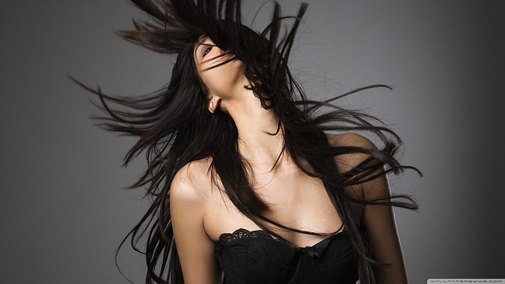 hair in face, face, long hair, dark hair, women, model, HD wallpaper