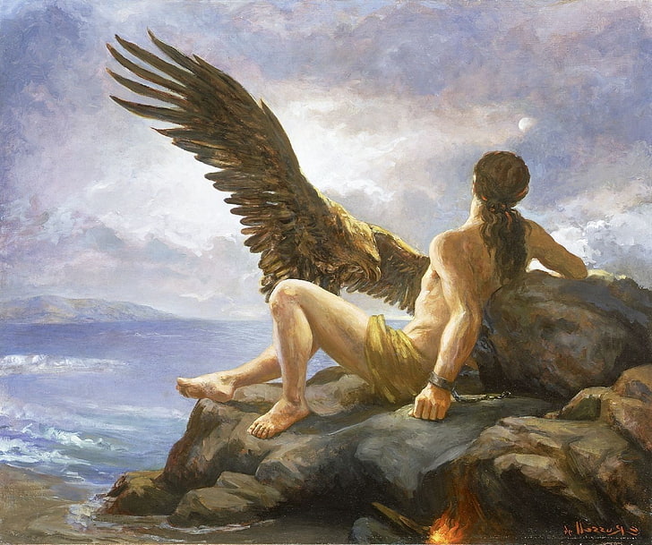 плаж, птици, орел, огън, богове, митология, Прометей (митология), HD тапет