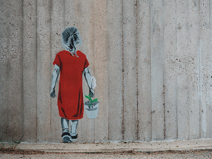 graffiti, girl, flower, bucket, wall, street art, HD wallpaper
