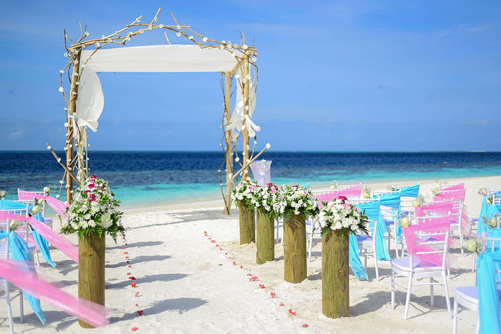 beach, beach wedding, blue, chairs, decor, decorations, flowers, island, nature, ocean, outdoors, sand, sea, seascape, seashore, set, shore, sky, sunny, water, wedding setup, HD wallpaper