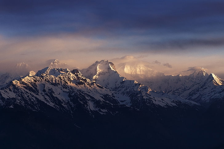 montanha branca de neve, paisagem, fotografia, natureza, montanhas, névoa, neve, manhã, luz solar, Himalaia, Nepal, HD papel de parede