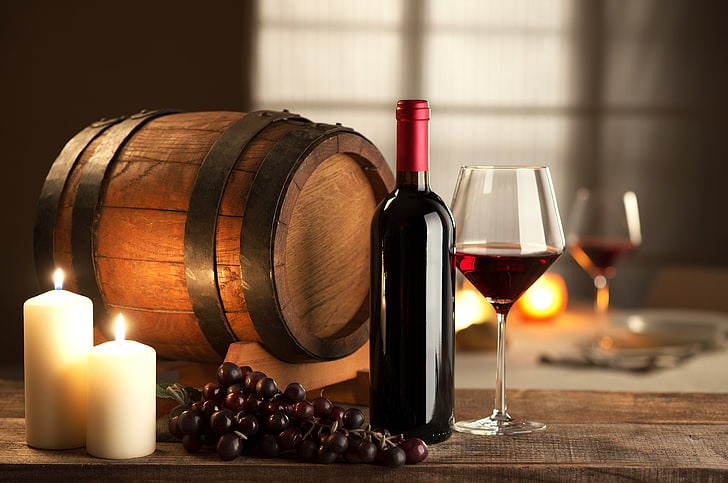 red wine bottle, wine, red, glass, bottle, candles, grapes, barrel, HD wallpaper