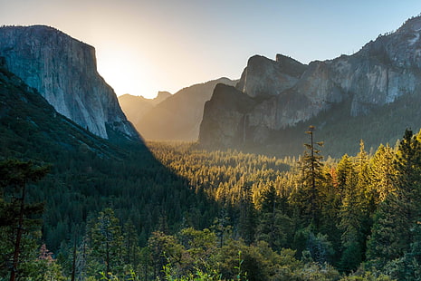 Park Narodowy Yosemite, drzewa, góry, las, przyroda, zachód słońca, Park Narodowy Yosemite, Tapety HD HD wallpaper