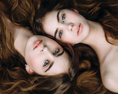 women, model, portrait, looking at viewer, brunette, twins, sisters, two women, face, HD wallpaper HD wallpaper