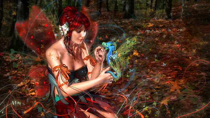 Fille fée-fantaisie-cheveux roux-ailes de papillon-ami dragon-feuilles d'automne-Hd fond d'écran-3840 × 2160, Fond d'écran HD