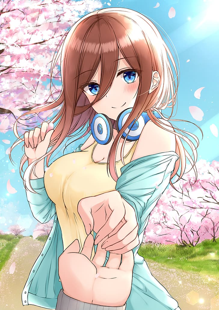 anime, anime girls, Nakano Miku, cleavage, headphones, sweater, 5-toubun no Hanayome, cherry blossom, HD wallpaper