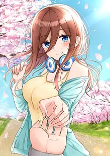 anime, anime girls, Nakano Miku, scollo, cuffie, maglione, 5 toubun no Hanayome, fiore di ciliegio, Sfondo HD HD wallpaper