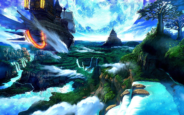 Walddigitale Kunst, Luftschiffe, Fantasiekunst, Wasserfall, HD-Hintergrundbild