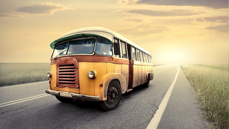 ônibus, velho, vintage, retrô, estrada, pôr do sol, maneira, rodovia, HD papel de parede