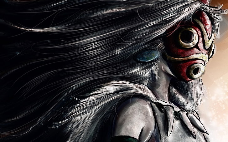 жена, облечена в червена и кафява маска, принцеса Mononoke, Studio Ghibli, аниме, аниме момичета, маска, HD тапет