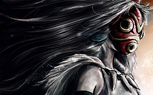 жена, облечена в червена и кафява маска, принцеса Mononoke, Studio Ghibli, аниме, аниме момичета, маска, HD тапет HD wallpaper