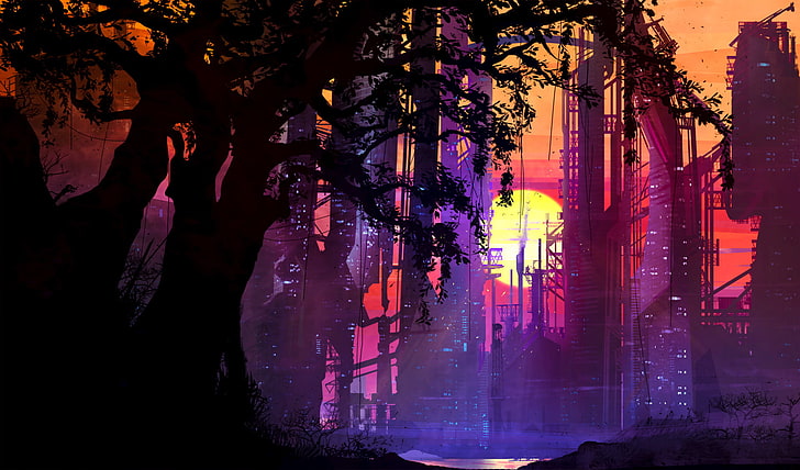 silhuett träd illustration, cyberpunk, science fiction, neon, HD tapet