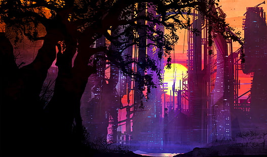 silhueta árvores ilustração cyberpunk ficção científica neon, HD papel de parede HD wallpaper