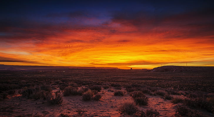 landscape, desert, plains, hills, skyscape, orange sky, sunset, HD wallpaper