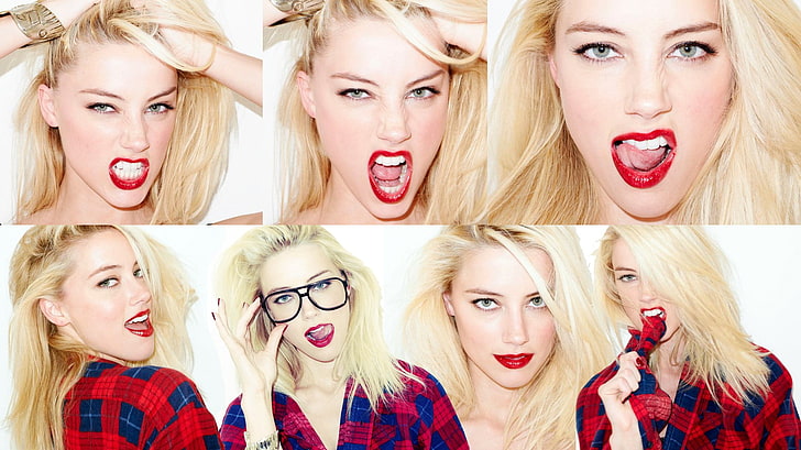 women's red and blue checked sport shirt collage, Amber Heard, collage, open mouth, biting, face, actress, blonde, HD wallpaper