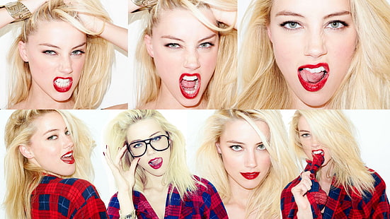 kvinnors röda och blå rutiga sportskjorta collage, Amber Heard, collage, öppen mun, bitande, ansikte, skådespelerska, blondin, HD tapet HD wallpaper