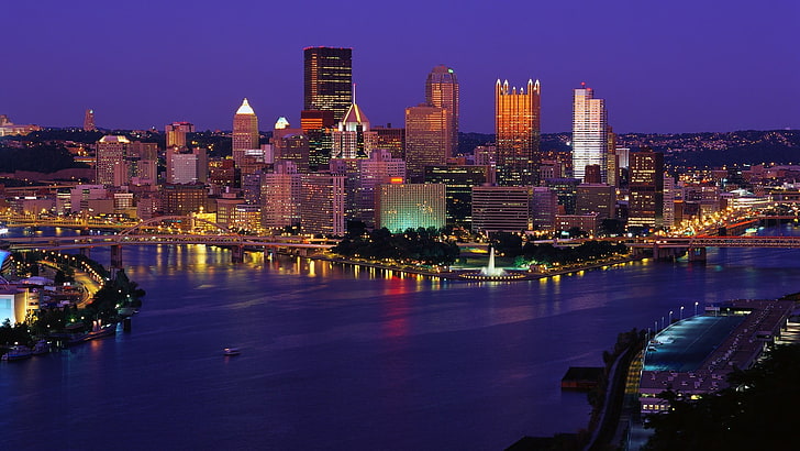 освещенный городской пейзаж, Питтсбург, Пенсильвания, США, ночь, городской пейзаж, HD обои