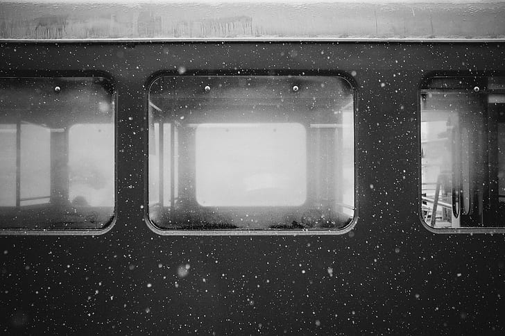 train station, snow flakes, train, HD wallpaper