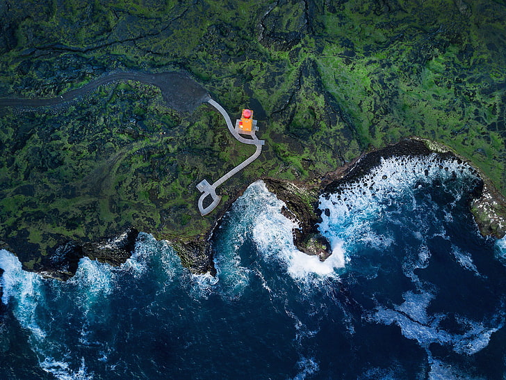 водоем, исландия, вид с воздуха, море, побережье, маяк, свортулофт, маяк, вода, HD обои