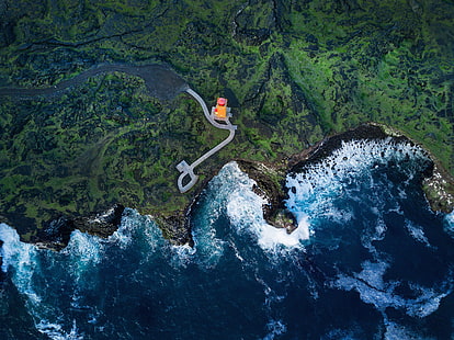 akwen, Islandia, widok z lotu ptaka, morze, wybrzeże, latarnia morska, latarnia morska Svortuloft, woda, Tapety HD HD wallpaper