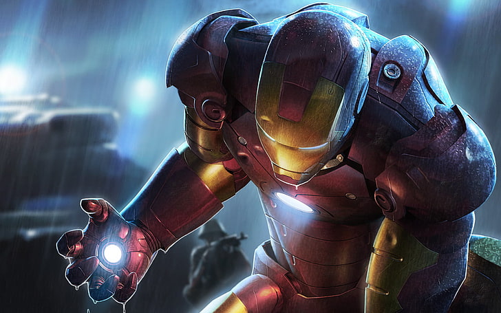 Fond d'écran Iron Man, Iron Man, bandes dessinées Marvel, art numérique, armure, super-héros, pluie, Fond d'écran HD