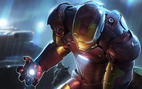 Fondo de pantalla de Iron Man, Iron Man, Marvel Comics, arte digital, armadura, superhéroe, lluvia, Fondo de pantalla HD HD wallpaper