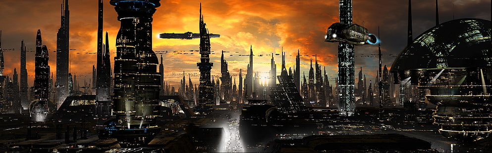 ilustracja budynków miejskich, chmury, miasto, światła, przyszłość, budynek, droga, statki, wieża, wieżowce, sci-fi, planeta, pejzaż miejski, wieże, utwór, science fiction, futurystyczny krajobraz, Rich35211, Scott Richard, futurystyczne miasto 1, Tapety HD HD wallpaper