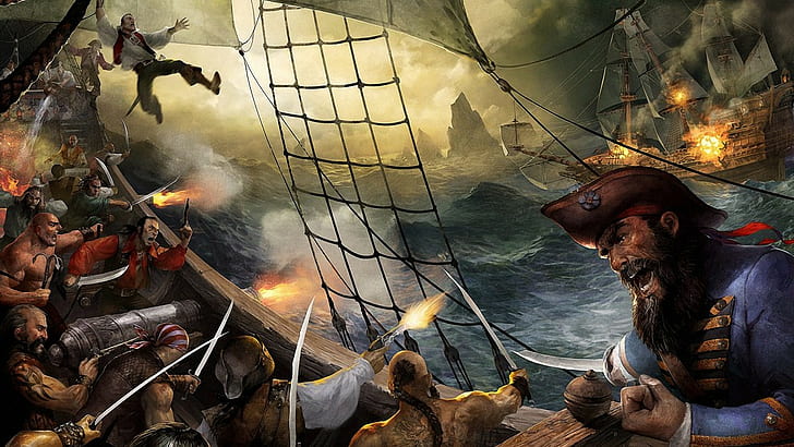 piratas, barco, guerra, obra de arte, arte de fantasía, Fondo de pantalla HD
