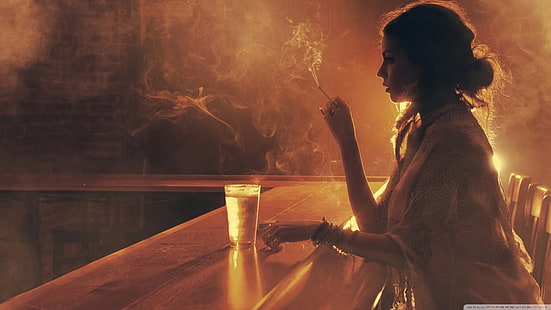 женщины, курение, брюнетка, бар, подсветка, сигареты, HD обои HD wallpaper