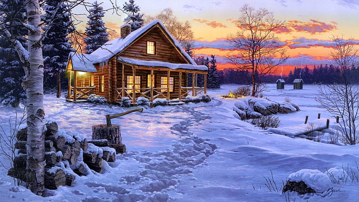 예술, 겨울, 오두막, 눈, 일몰, HD 배경 화면