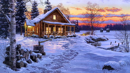 Artistic, Winter, Cabin, Snow, Sunset, HD wallpaper HD wallpaper