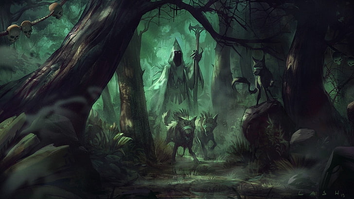 Fantasie, Dunkelheit, Wald, Magier, Wolf, HD-Hintergrundbild